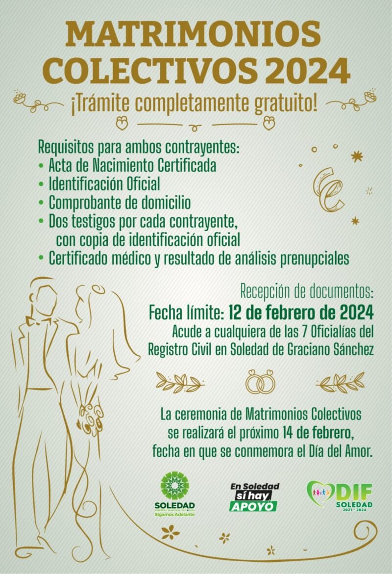 Parejas soledenses podrán formalizar su unión en campaña gratuita "matrimonios colectivos 2024" 928d1256-4818-40e3-9ba2-b954f0593d85