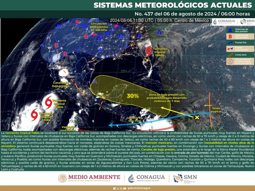 Tormenta tropical Fabio cerca de las costas de Baja California Sur clima 6 de agosto