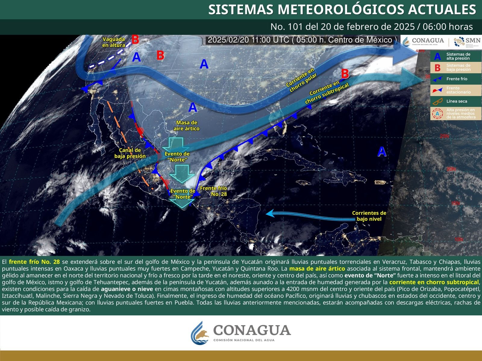 Aire ártico y humedad seguirán modulando temperaturas con lluvias fuertes clima 20 febrero