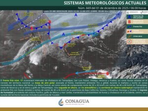 Lluvias y chubascos en el noreste, oriente y sureste; viento del norte en Tamaulipas, norte de Veracruz y Tehuantepec
