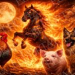 caballo de fuego con perro cerdo y gallo
